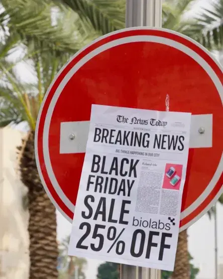 A Black Friday sale newspaper taped to a stop sign under palm trees